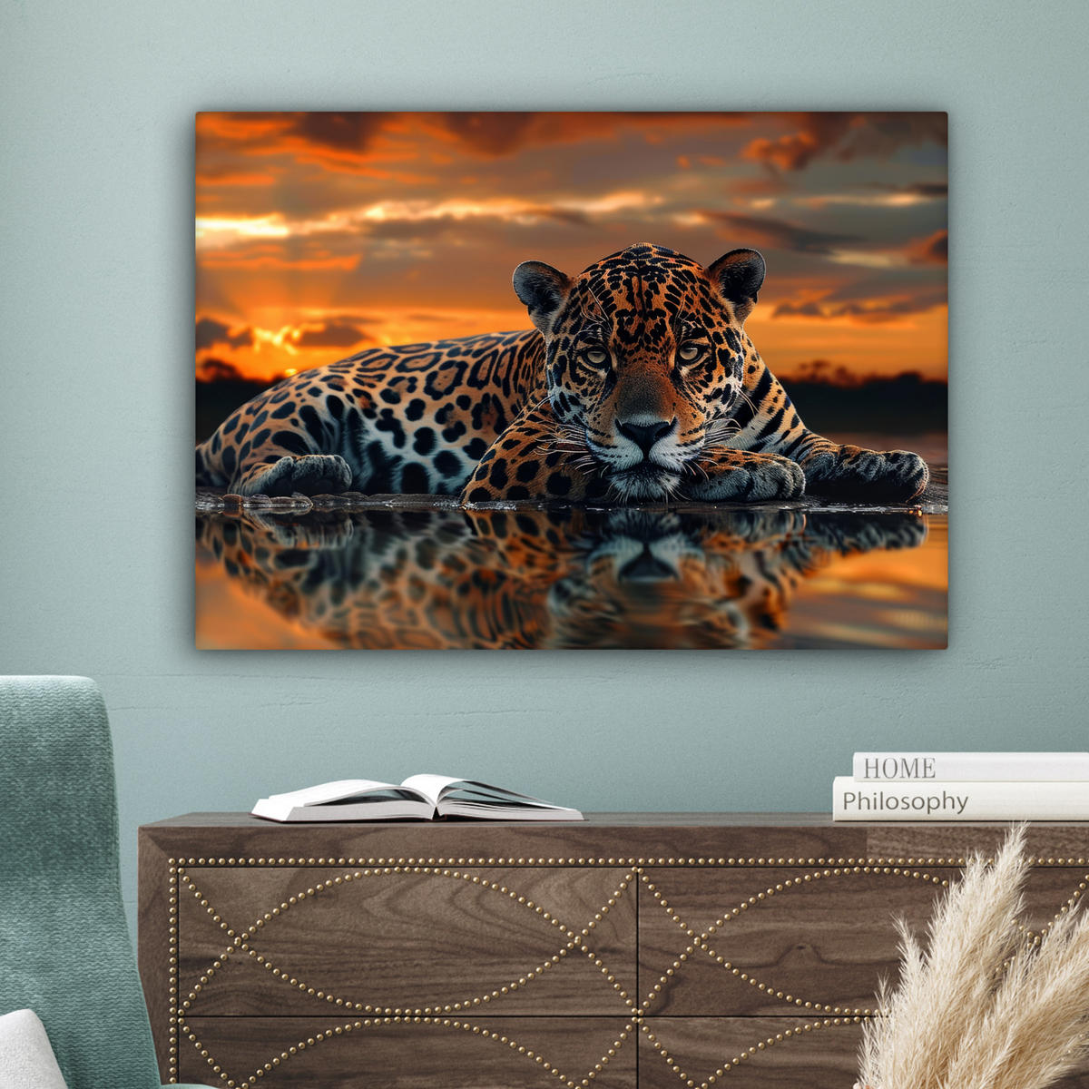LEINWANDBILD Natur - Leopard - Tier - Sonnenuntergang - Modern Wandbilder 80x60 cm - Orange, Textil (80/60cm) - MuchoWow