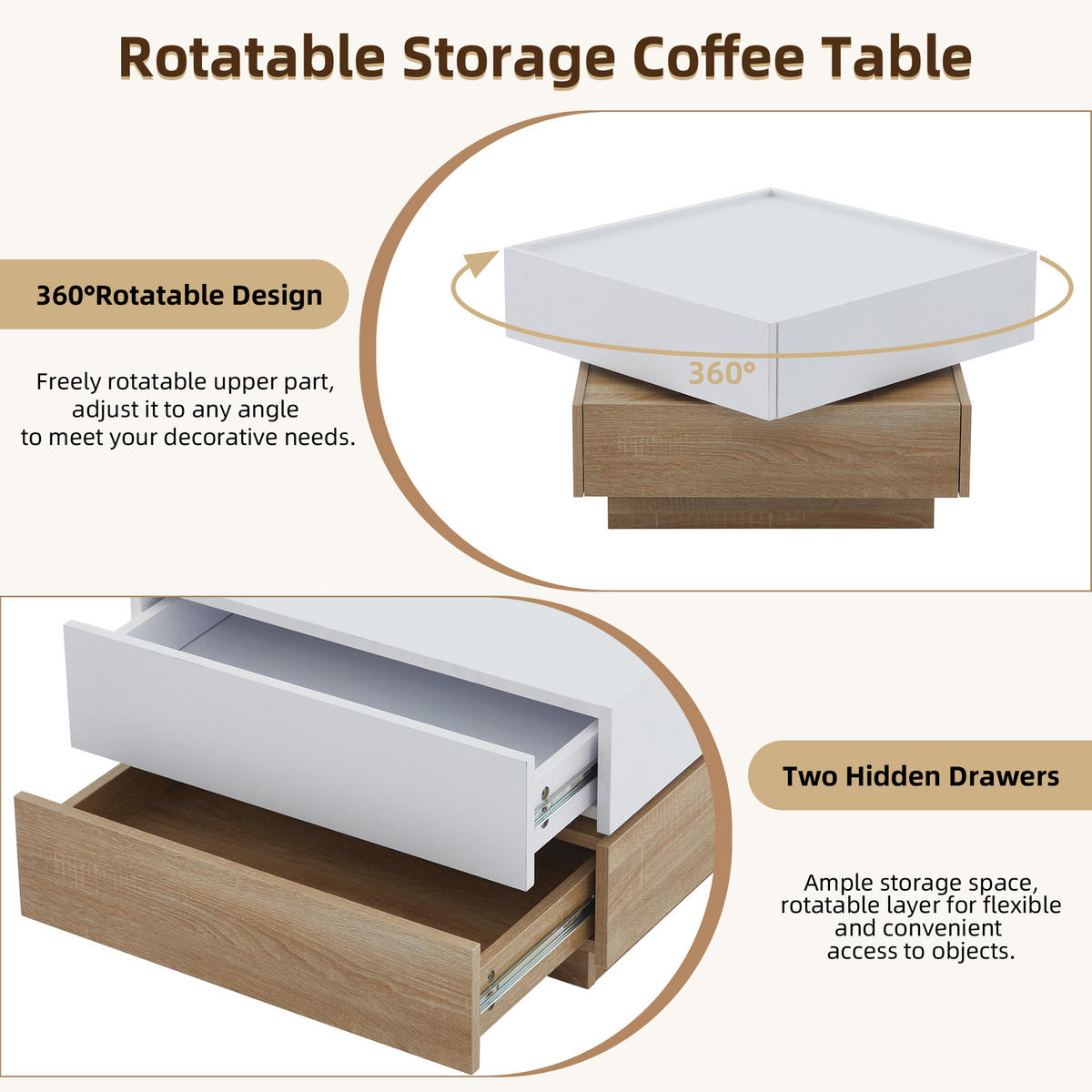 COUCHTISCH DE-078 Drehbar Weiß/Walnuss - Weiß, Holzwerkstoff (60/60/38cm) - ComfortXL