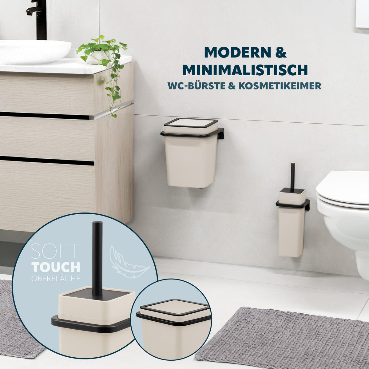 BAD-ACCESSOIRE-SET 2-TLG. Bürste u. Eimer SAVONA Softtouch inkl. Wandhalterung, eckig - beige - Beige, Kunststoff (18/25/21cm) - bremermann