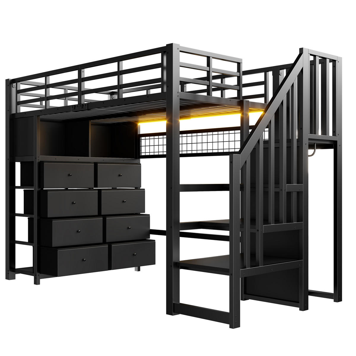 HOCHBETT 90x200cm mit 8 Schubladen und Aufbewahrungsleiter, Schwarz - Schwarz, Metall (90/200cm) - KOMHTOM