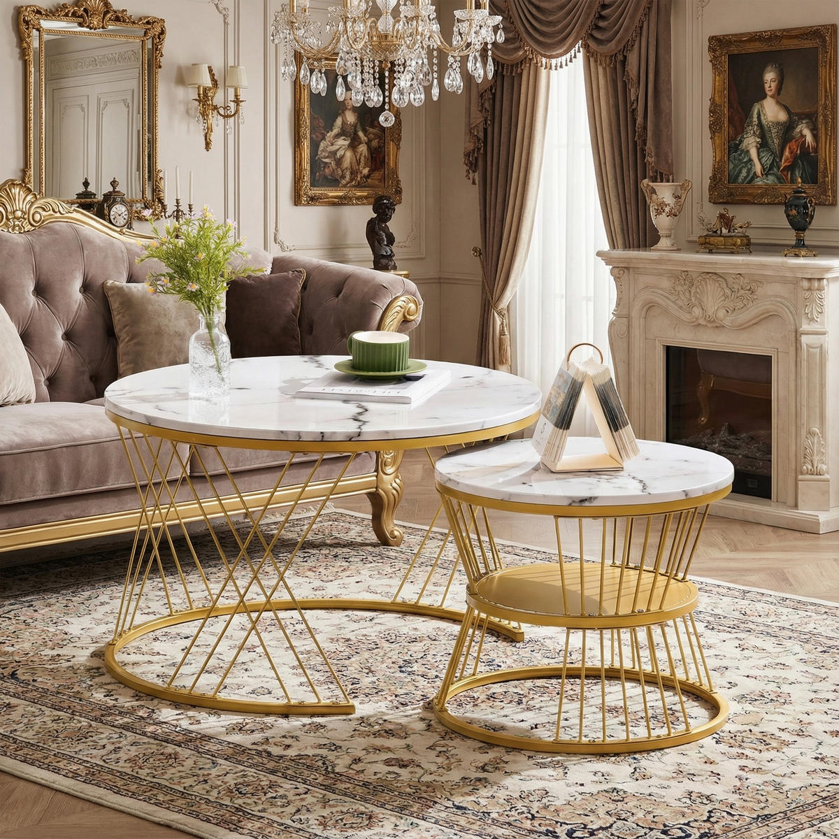 COUCHTISCH Nesting 2er-Set in Weiß Marmor-Optik - Weiß, Holzwerkstoff (70/70/45cm) - Urban Meuble