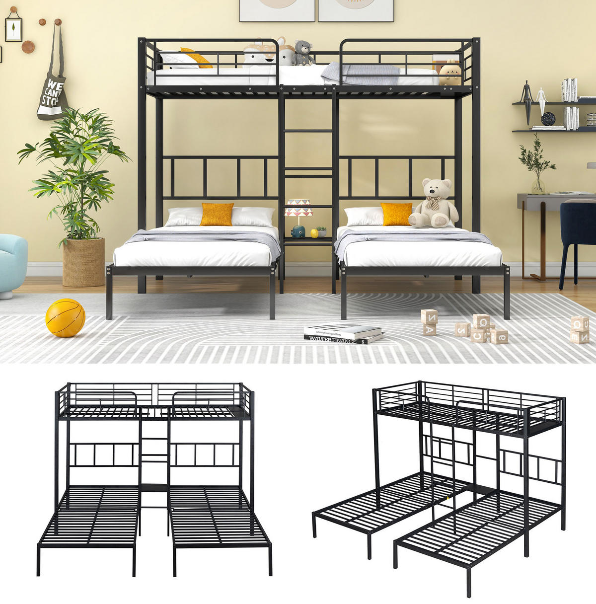 ETAGENBETT aus Metall 3x 90x200 cm Schwarz mit Leiter, Fallschutzgitter und Tisch - Schwarz, Metall (90/200cm) - IVMEU
