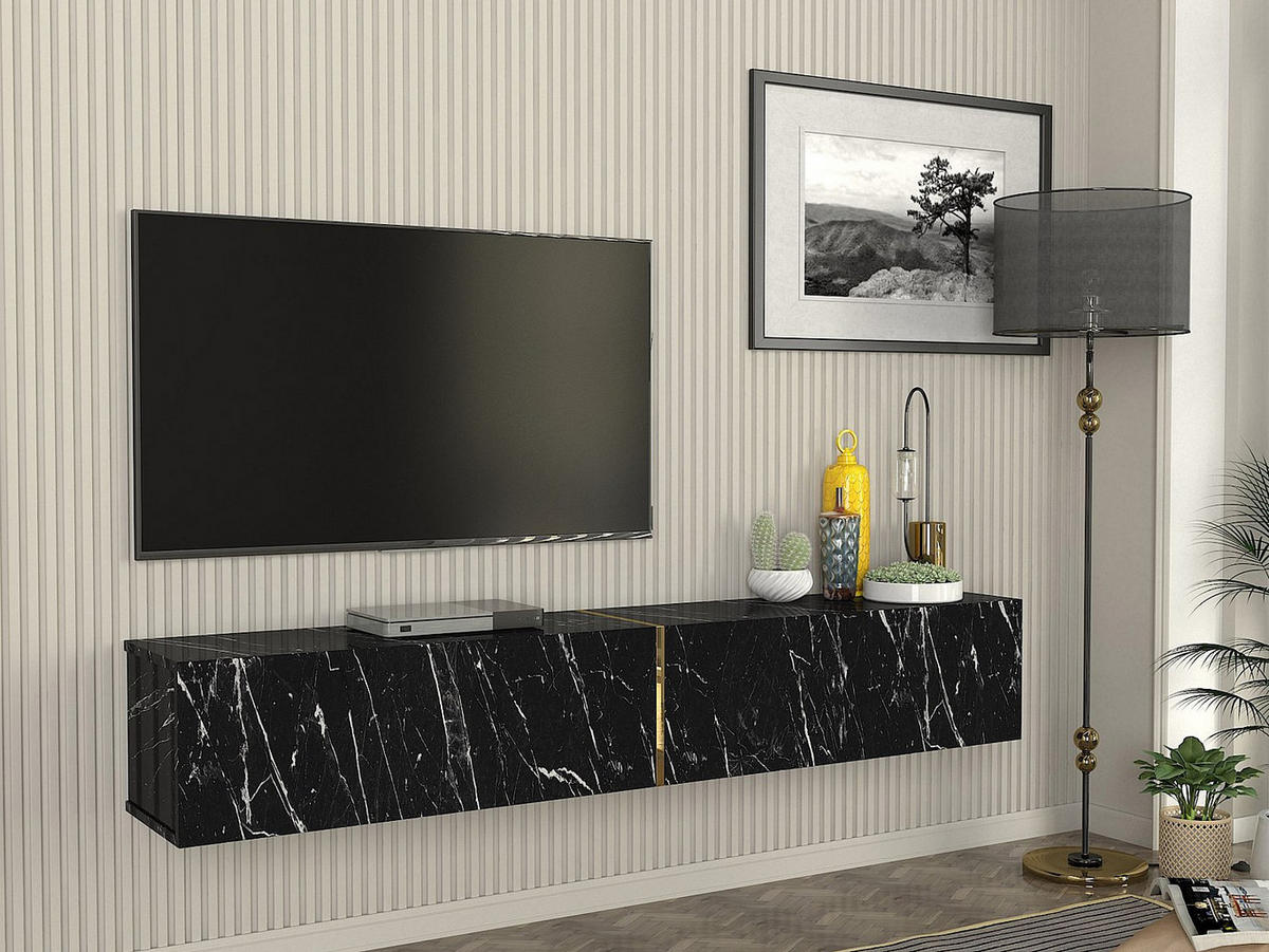 HÄNGENDER TV-Schrank mit 2 Türen – Schwarze Marmor-Optik – DINOMA - Schwarz, Holz (181.8/30/31.7cm) - Vente-Unique