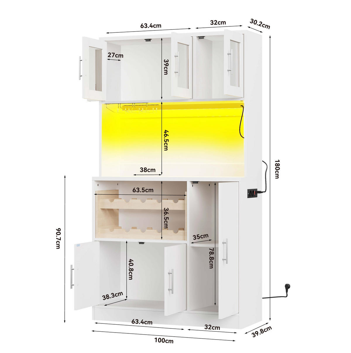 DONJI kuhinjski element, 100/40/180 cm, MDF bijeli, s RGB LED rasvjetom i utičnicom - bijela, drvni materijal (100/180/40cm) - BEAOK