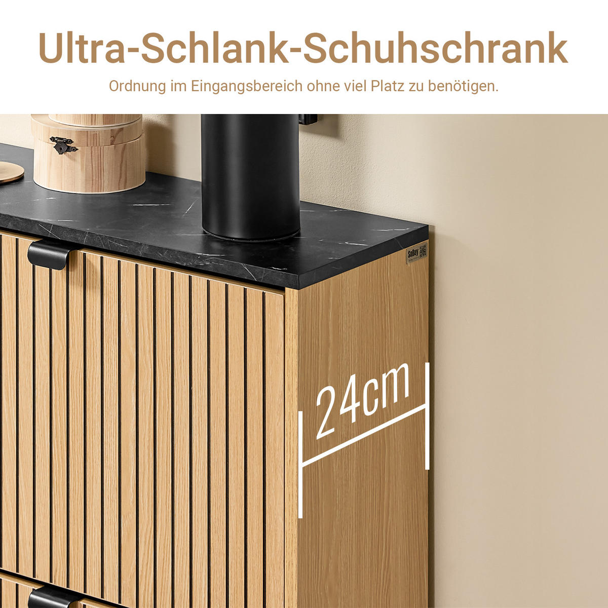 SCHUHSCHRANK Holzoptik & Schwarz mit Marmor - Naturfarben, Holzwerkstoff (60/88/24cm) - SoBuy