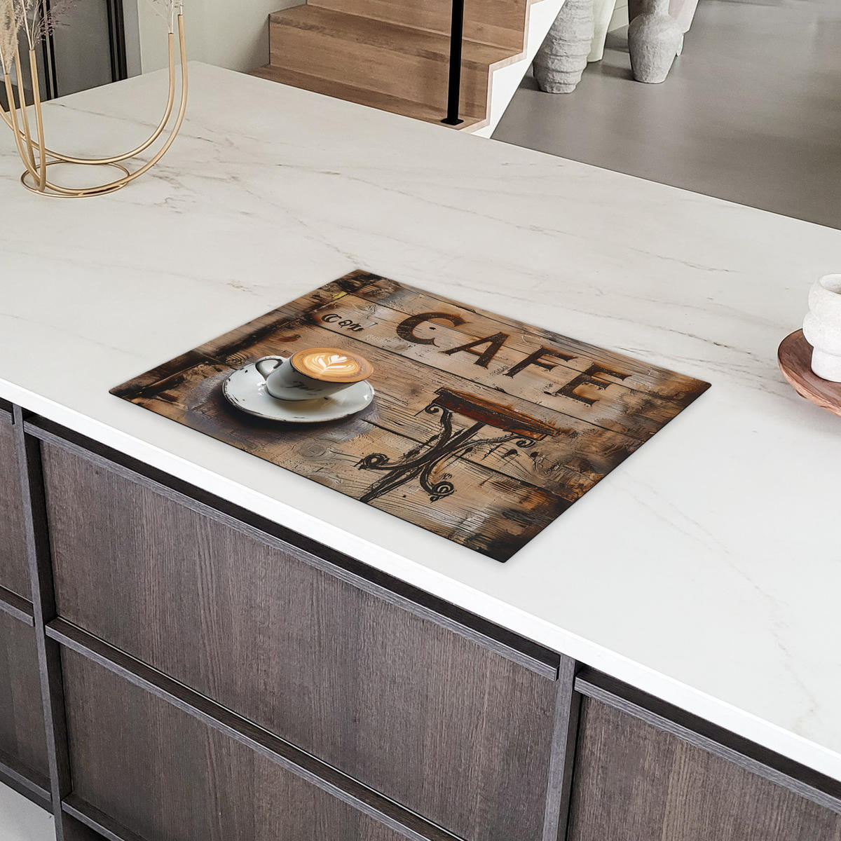 HERDABDECKPLATTE Cafe - Holz - Kaffee - Regale Induktionsmatte 71x52 cm - Schwarz, Kunststoff (71/52/0.2cm) - MuchoWow