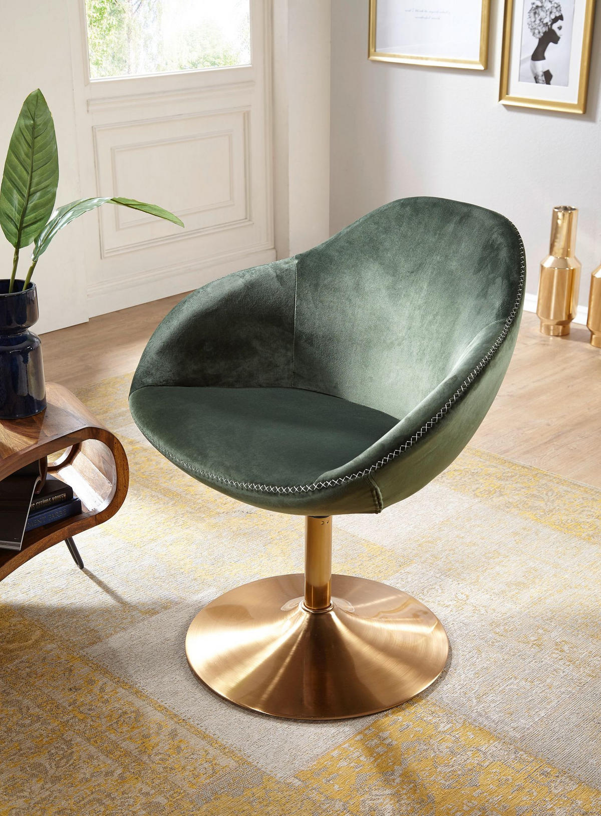 LOUNGESESSEL Samt mit 360° Drehfunktion, Grün 70x70x79 cm - Goldfarben/Grün, Textil/Metall (70/79/70cm) - KADIMA DESIGN