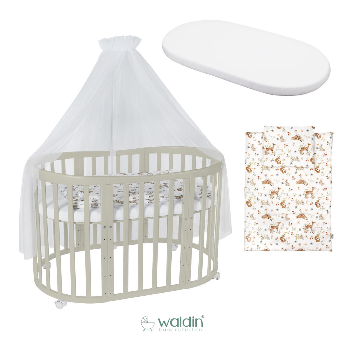BABYBETT OLIVE OVAL 7in1 mit Matratze und Himmelset - Multicolor/Olivgrün, Holz/Textil