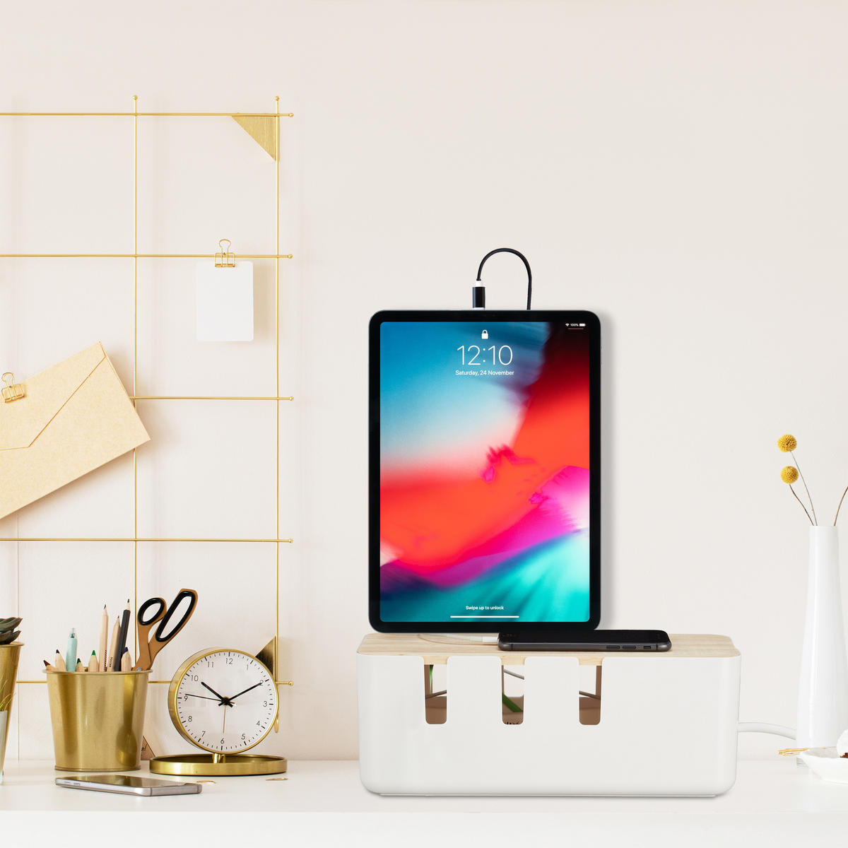 KÁBLA box - biela, drevo/plast (12.5/30/11.5cm) - Relaxdays