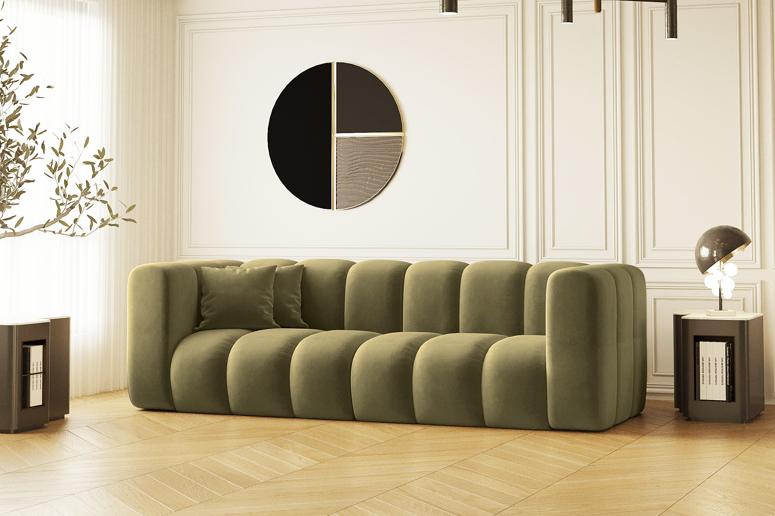 COUCH Dreisitzer-Sofa Grand Modular Stoff Salvador Olive - Olivgrün, Holz (230/70/91cm) - Kaiser Möbel