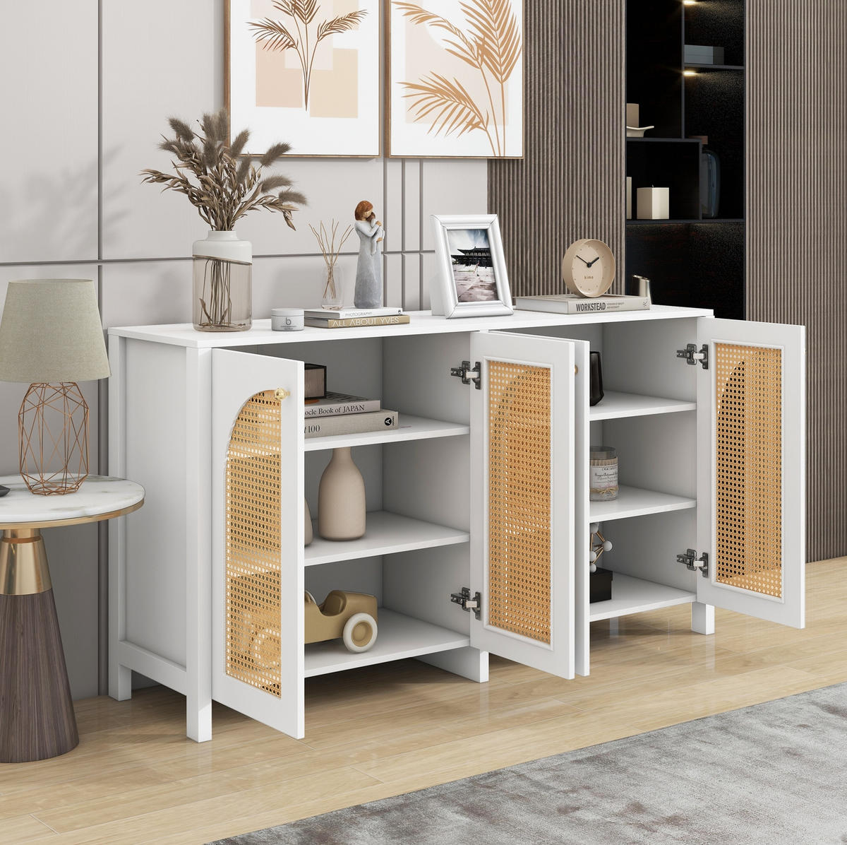 SIDEBOARD 4-türig mit Kunst-Rattan Weiß - Weiß, Holzwerkstoff (145/40/80cm) - Meubliv