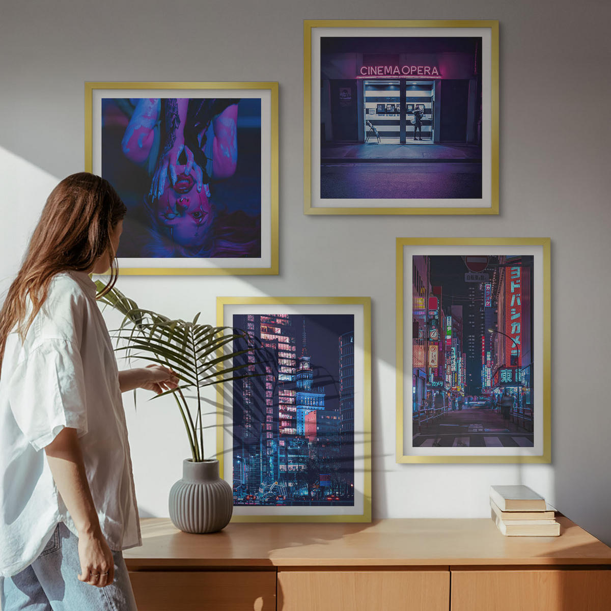 WANDBILDER 4er Set - 50x50 cm & 40x60 cm Goldrahmen - Nachtstadt mit Neonlichtern - Goldfarben, Kunststoff (50/50cm) - ArtPrintCave