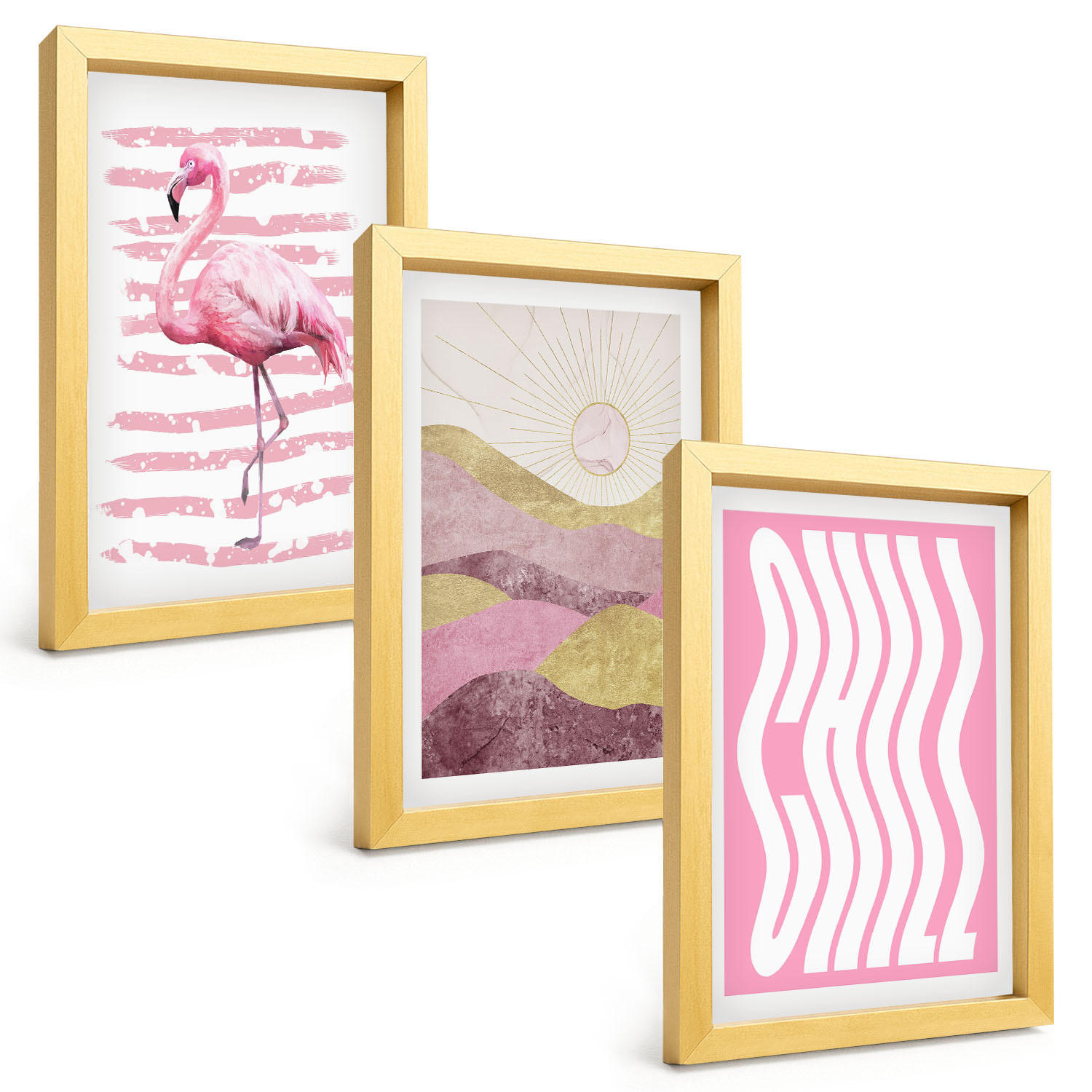 BILDER SET 3er Set - 20x30 cm Goldrahmen - Pastelllandschaft mit rosa Flamingos - Goldfarben, Kunststoff (20/30cm) - TULUP