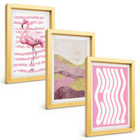 BILDER SET 3er Set - 20x30 cm Goldrahmen - Pastelllandschaft mit rosa Flamingos - Goldfarben, Kunststoff (20/30cm) - TULUP