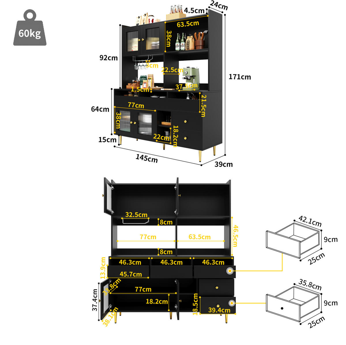 ANRICHTE Esszimmer-Hochschrank 145/39/171 cm aus MDF mit Changhong-Glastüren und Weinregal Schwarz - Schwarz, Holzwerkstoff (145/171/39cm) - Modenvie