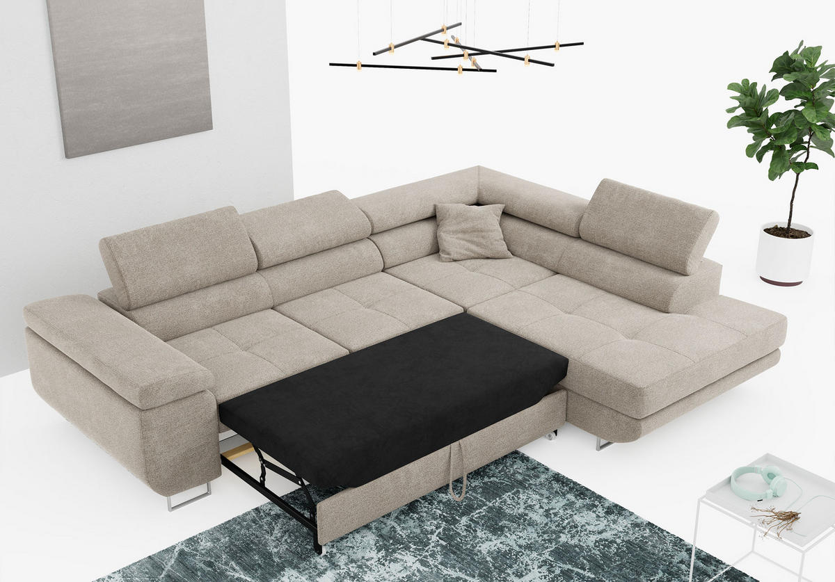 ROHOVÁ SEDAČKA GUSTAW L - Béžová Strukturovaná látka - Pravá Strana - stříbrná/béžová, kov/textil (205/275cm) - MKS