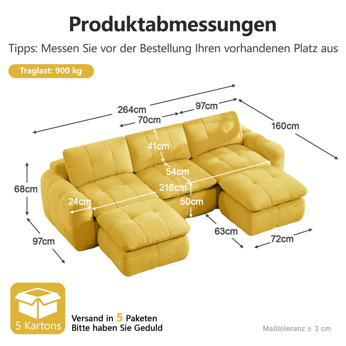 WOHNLANDSCHAFT DE-34464 U-Form mit 2 Ottomanen Gelb - Gelb, Textil (160/68/264cm) - ComfortXL