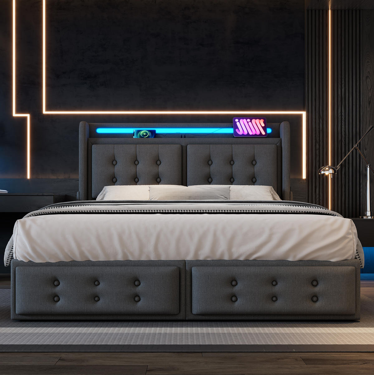 ČALOUNĚNÁ postel 160/200 cm z bavlněno-lněné látky šedá, s LED osvětlením, USB-C a úložnými zásuvkami - šedá, textil (160/200cm) - BEAOK
