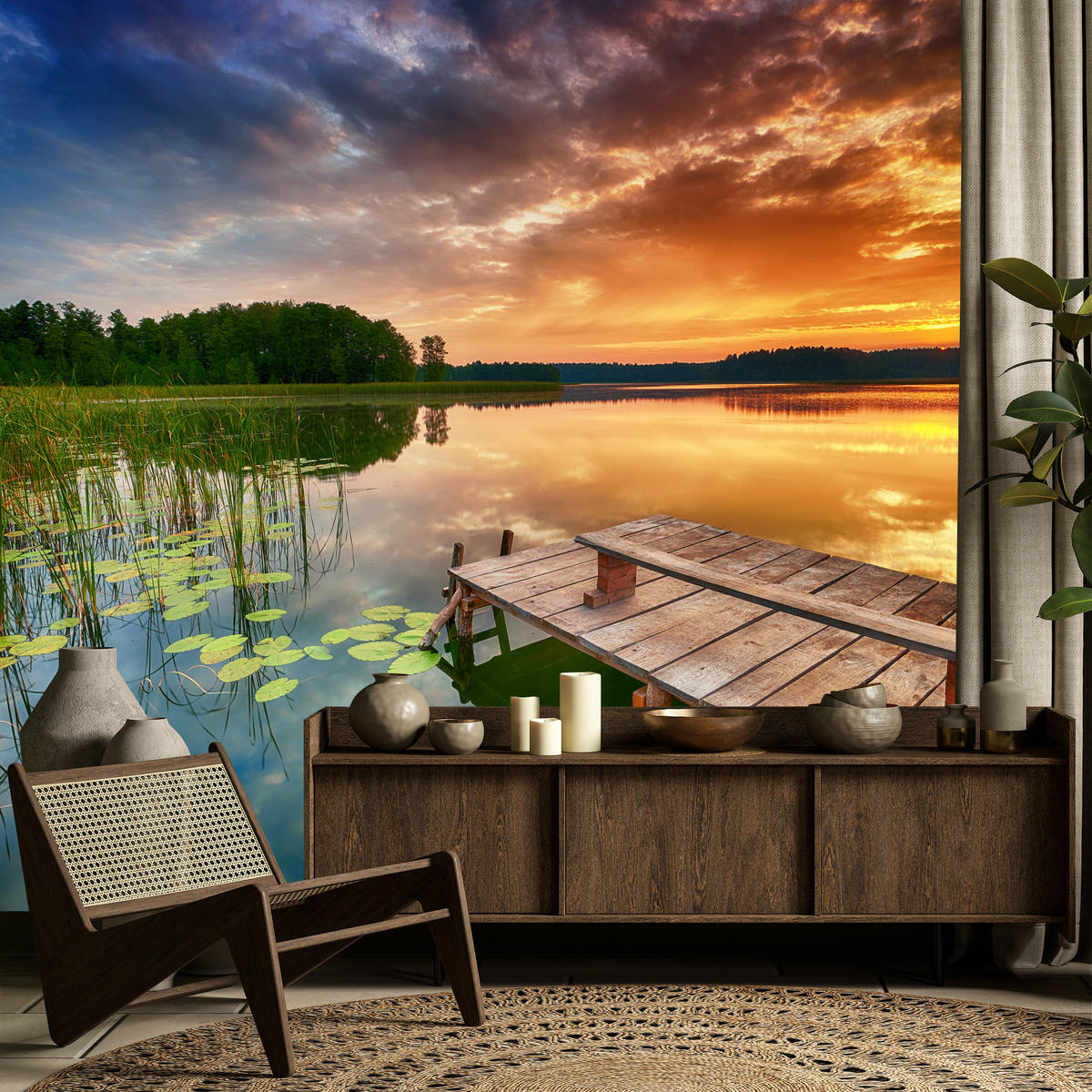 FOTOTAPETE für Wohnzimmer Sonnenuntergang See Steg Bäume 100x70 - Gelb/Beige, Papier (100/70cm) - Muralo