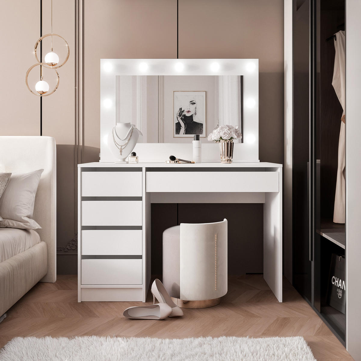 SCHMINKTISCH BELLA II mit LED-Beleuchtung und Spiegel, 110 cm Weiß matt - Weiß, Holzwerkstoff (110/77/55cm) - Idohome
