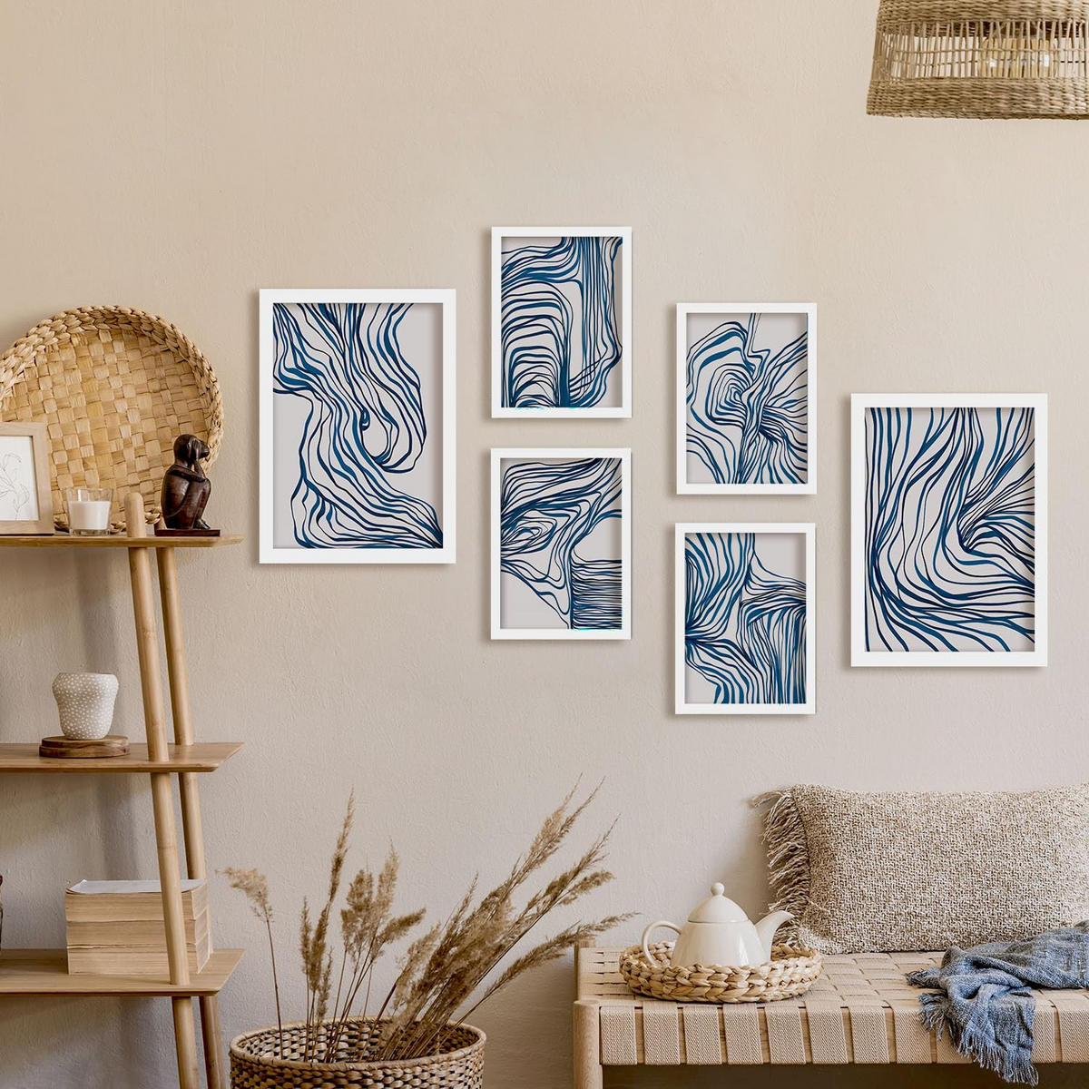 POSTER Set Mit 6 Bezaubernde Schnur In Form Abstracts Ästhetische Dekorative Gemälde Für Ihr Wohnzimmer, Schlafzimmer, Zuhause A3 & A4 Weißer Rahmen - Weiß, Papier (29/3cm) - Nacnic
