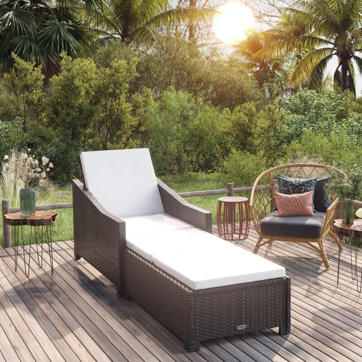 SONNENLIEGE mit Cremeweißer Auflage Poly Rattan Schwarz - Schwarz, Kunststoff (68/73/201cm) - furnicato
