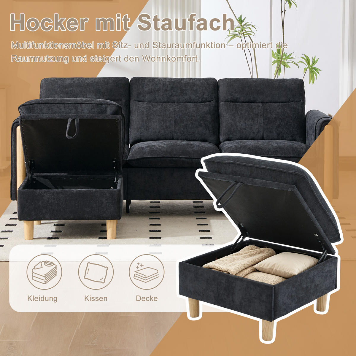 ECKSOFA 201/110/86 cm Schwarz mit Aufbewahrungshocker und Seitentaschen - Schwarz, Holz/Textil (201/110cm) - Oxeza