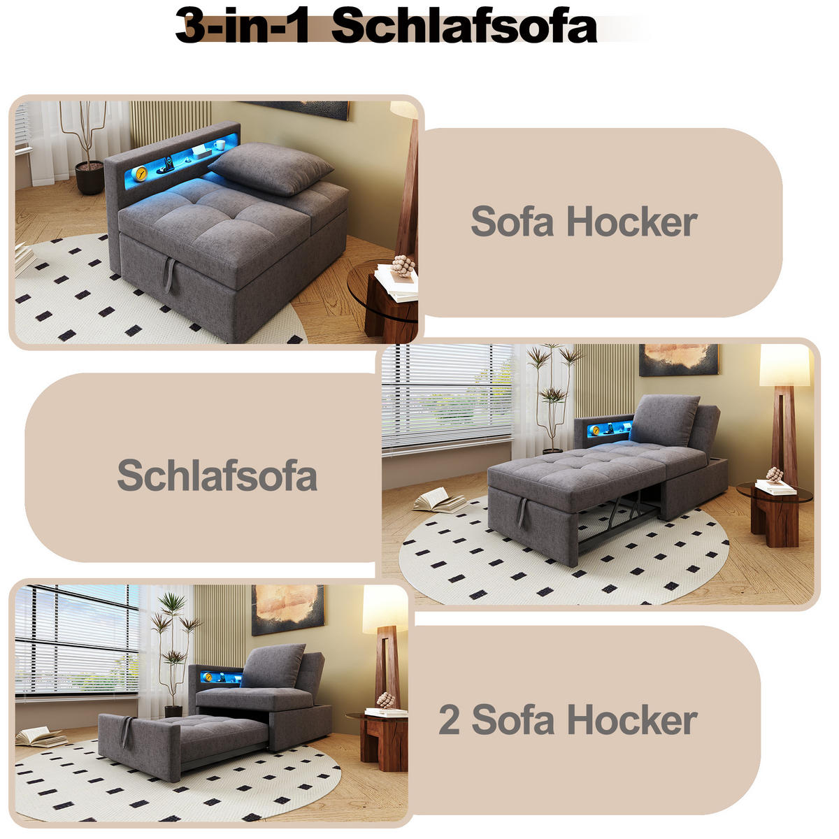 SCHLAFSOFA 3-in-1 Leinenstoff mit 5-fach verstellbarer Rückenlehne und USB-Anschluss Dunkelgrau 177/68/65 cm - Dunkelgrau, Textil (68/65/177cm) - Redom