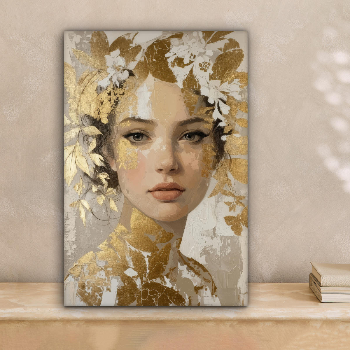 LEINWANDBILD Gesicht - Frau - Blätter - Gold Deko Wohnzimmer 20x30 cm - Beige, Textil (20/30cm) - MuchoWow