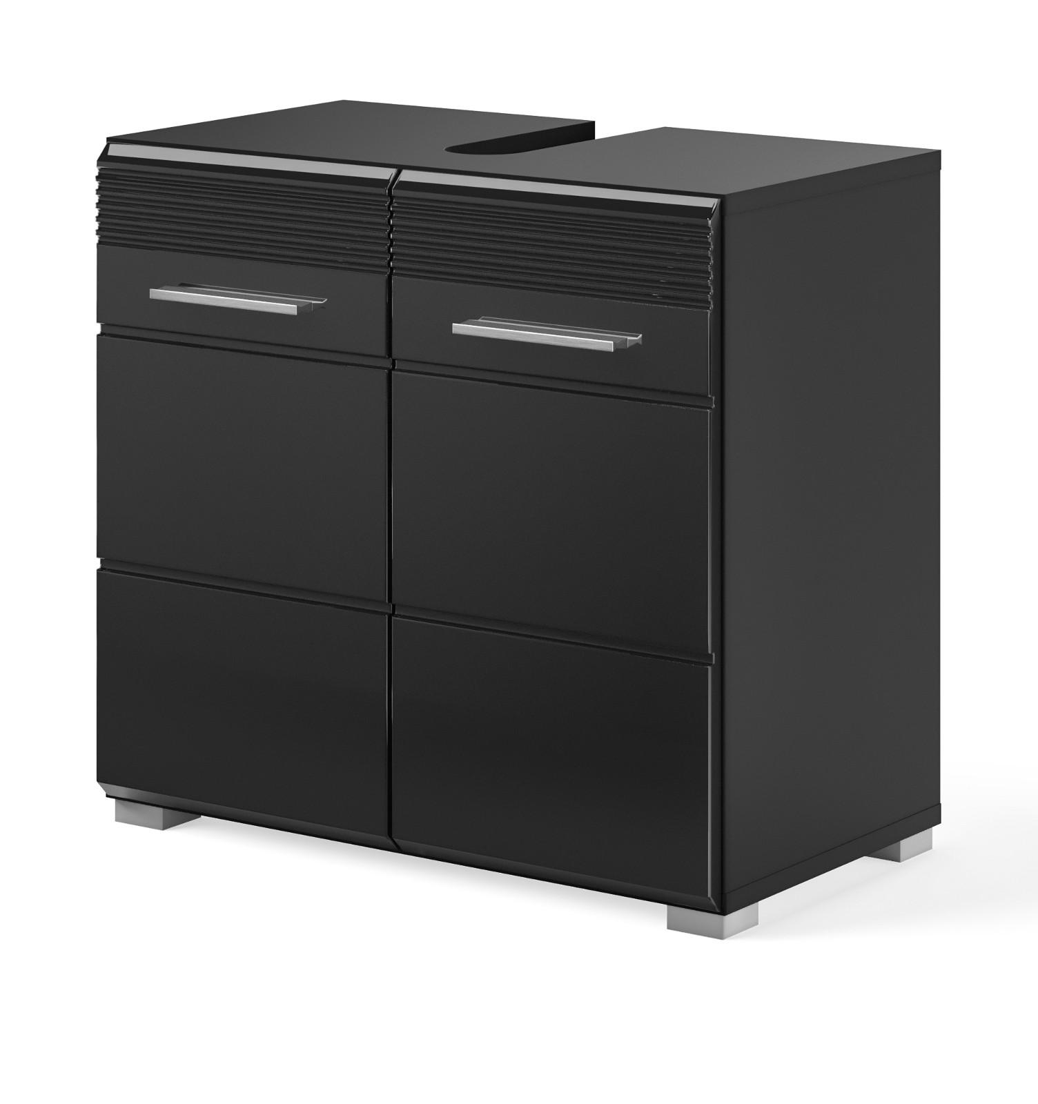 WASCHBECKENUNTERSCHRANK schwarz Hochglanz 60 cm, Badezimmer Unterschrank mit Stauraum - Schwarz Hochglanz/Silberfarben, Holzwerkstoff/Kunststoff (60/56/34cm) - Inn.Furn
