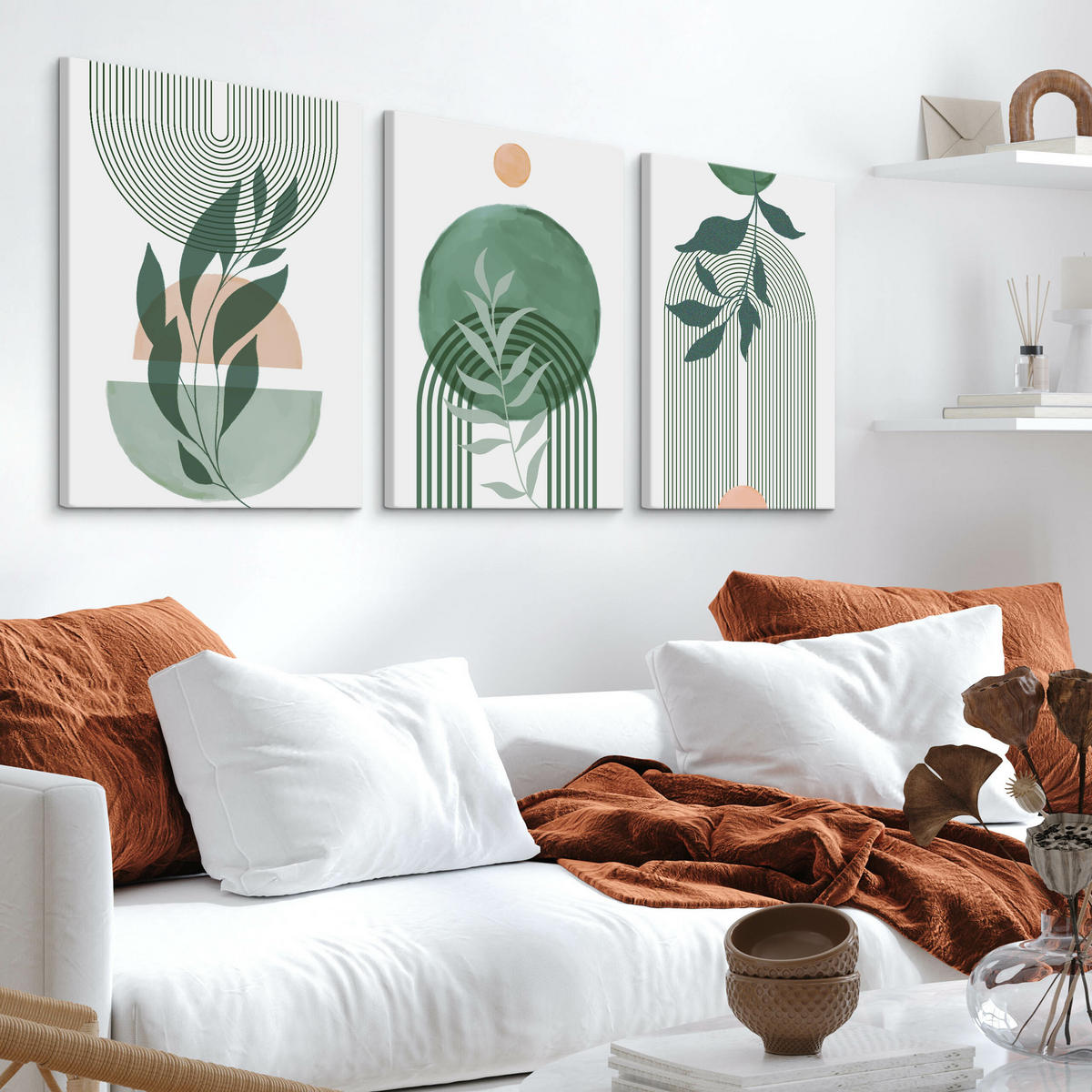 LEINWANDBILDER 3-es Set Abstraktion Boho - Weiß/Orange, Textil (90/40cm) - Muralo