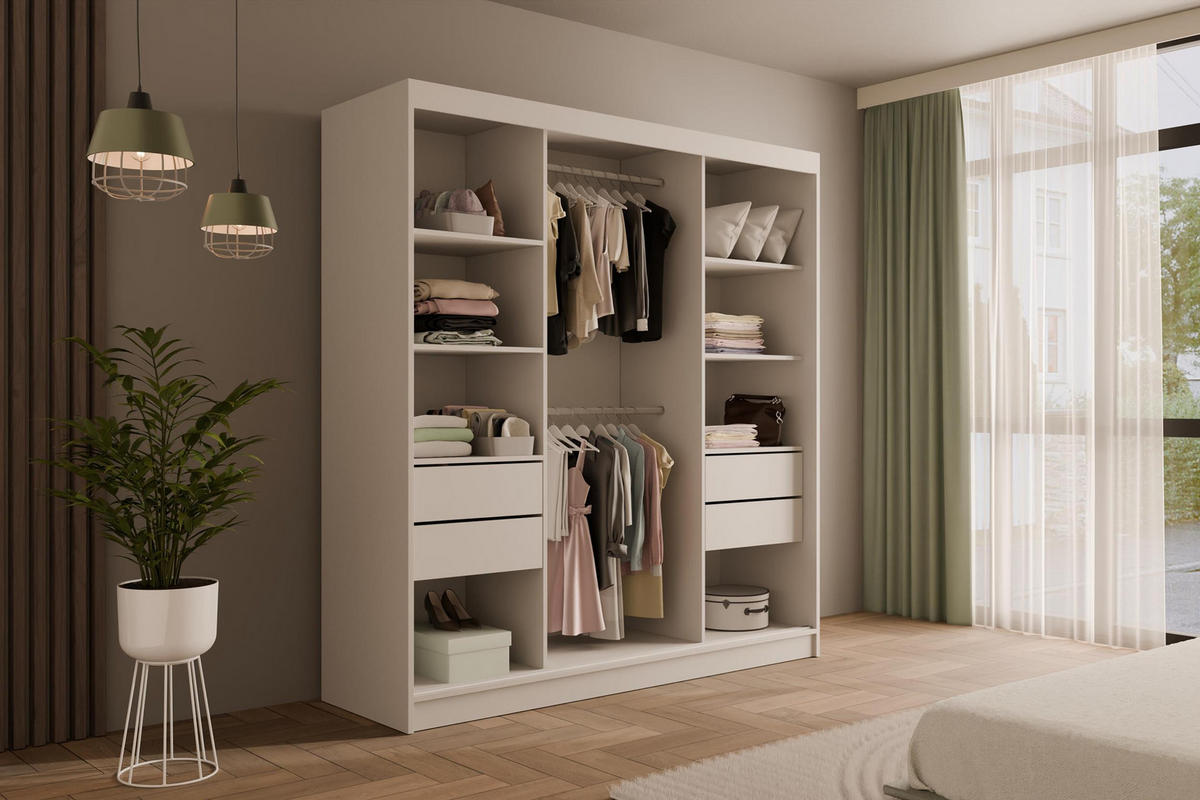 KLEIDERSCHRANK mit Spiegel V2-LINEA 215x200 cm Weiß - Weiß, Holzwerkstoff (200/215/61cm) - ALTDECOR