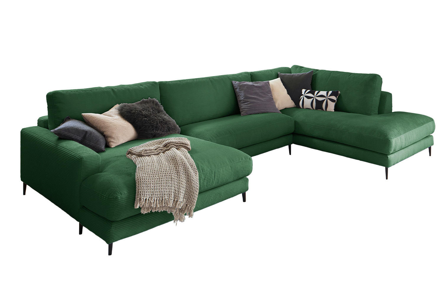 WOHNLANDSCHAFT CARA Smaragdgrün Cord - Smaragdgrün/Schwarz, Textil (341/84/223cm) - KAWOLA