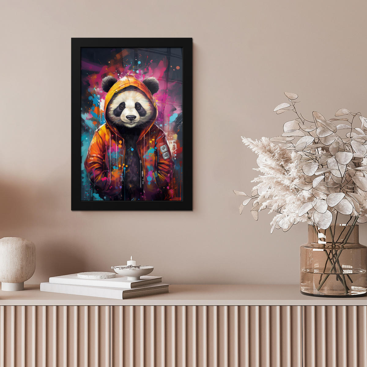 GERAHMTES BILD Panda - Jacke - Graffiti - Orange 20x30 cm - Orange, Papier (20/30cm) - MuchoWow