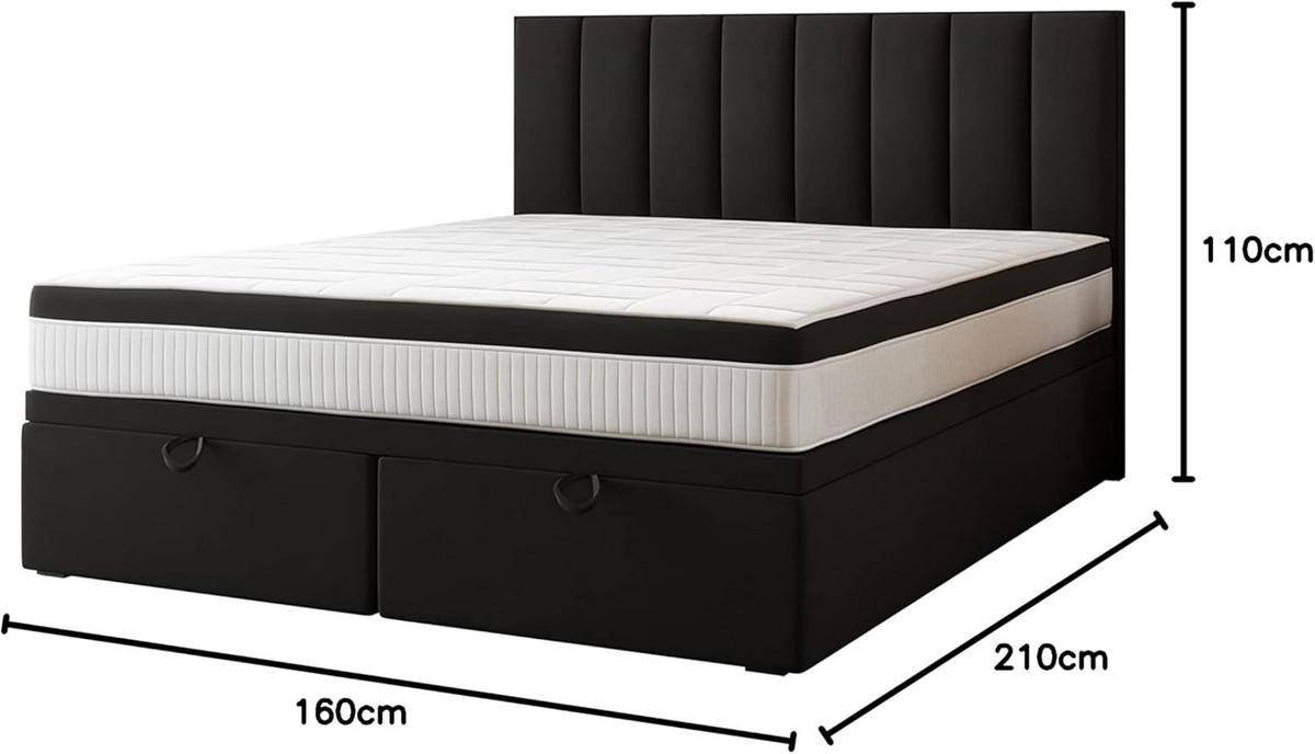 BOXSPRINGBETT BOND - Bett mit Matratze und Bettkasten - mit gestepptes Kopfteil - Schwarz - 160x200 cm - Schwarz, Textil (160/200cm) - Trada