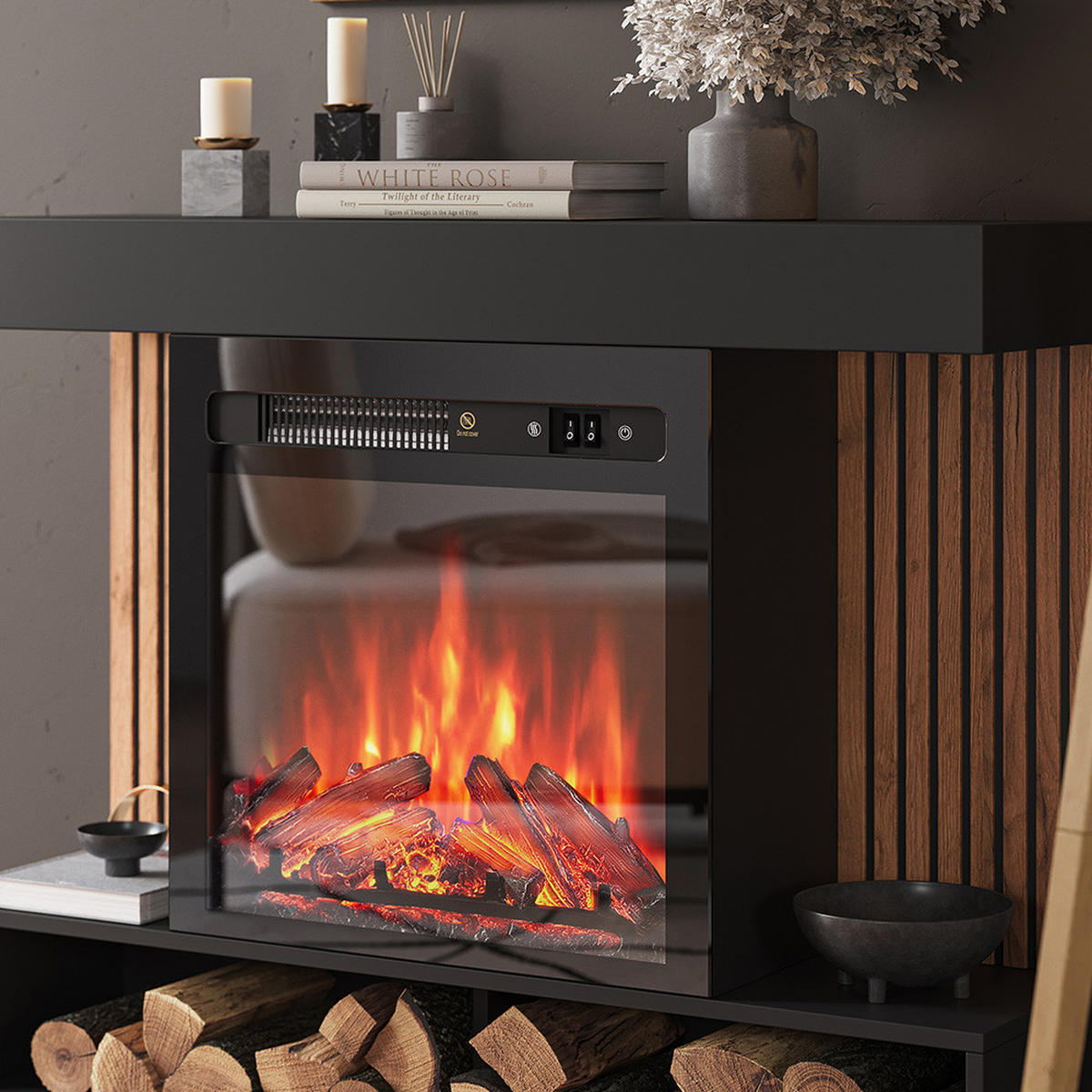 ELEKTROKAMIN Lynea Schwarz 100 cm mit realistischem Flammeneffekt und Heizung 1800W - Schwarz, Holzwerkstoff (100/80/25cm) - Vicco