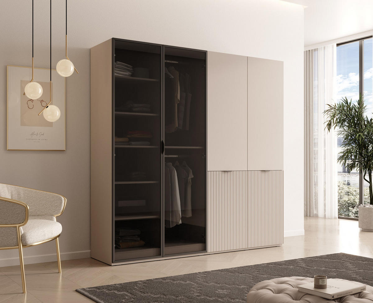 KLEIDERSCHRANK ZEN (Modular, Cashmere Matt, Cashmere & Getöntes Glas Antisol, 4-türig) - Kaschmir/Schwarz, Holz/Holzwerkstoff (202/200/51cm) - Ravio