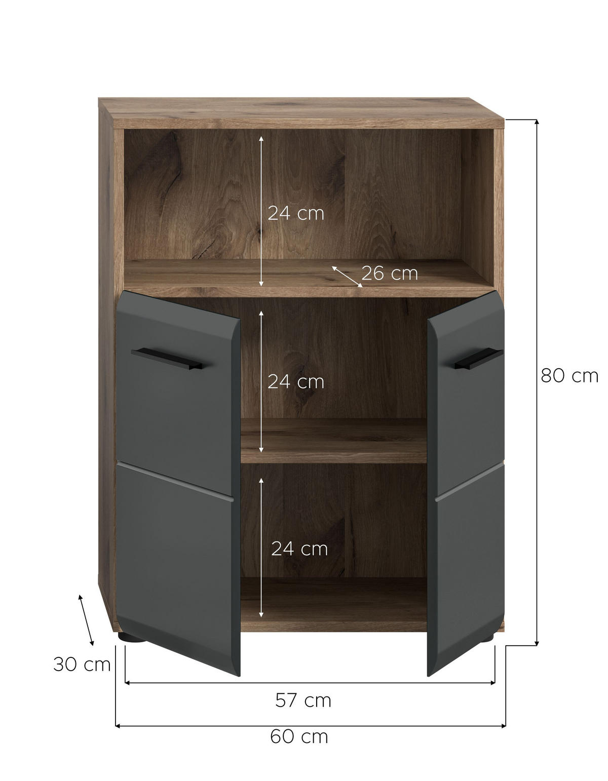 STANDSCHRANK breit ICE (B/H/T: ca. 60/80/30 cm) in Nox Oak Nachbildung/schwarz matt - Eichefarben, Holz (60/80/30cm)