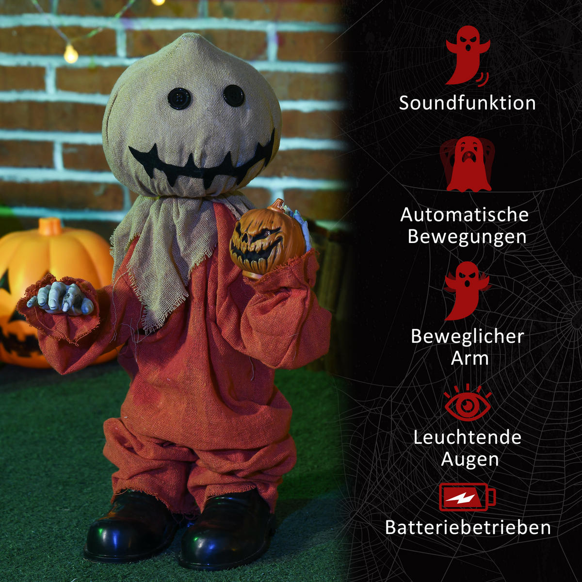 HALLOWEEN-DEKORATION Vogelscheuche 77 cm mit rot leuchtenden Augen, Soundfunktion - Orange, Textil (26/77/60cm) - HOMCOM