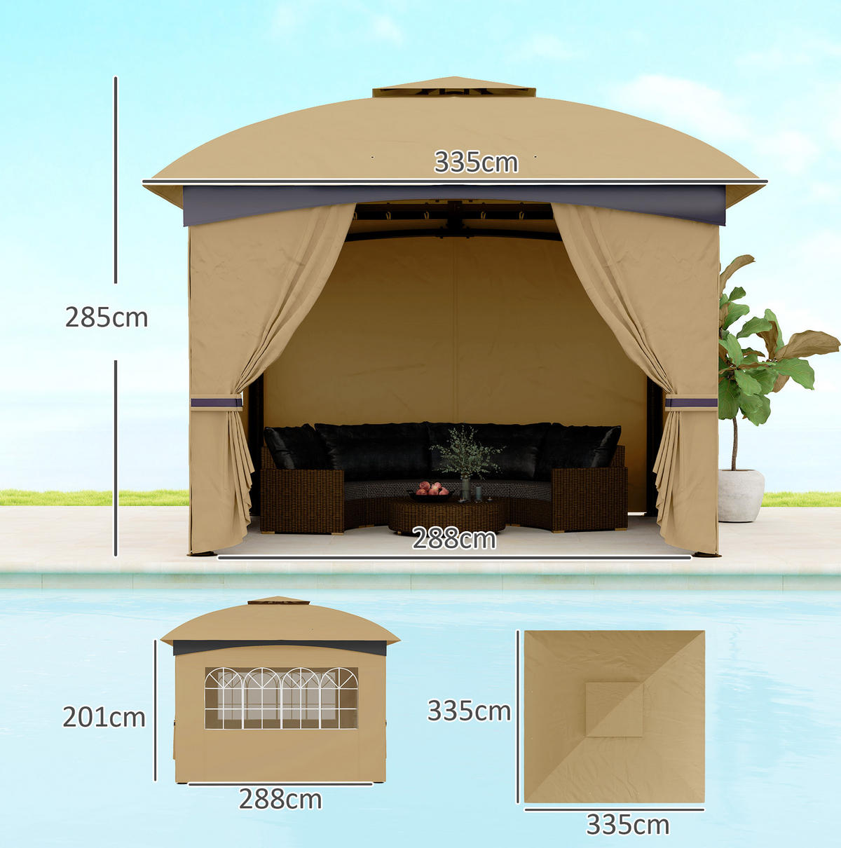 GARTENPAVILLON 335/335/285 cm mit Doppeldach, UV-Schutz und Seitenteilen aus Polyester, Beige - Beige, Textil (335/285/335cm) - Redom