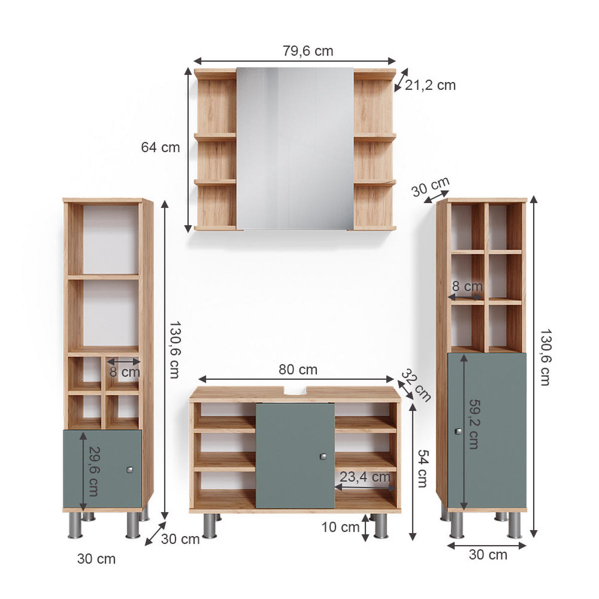 BADMÖBEL-SET Fynn Grün 4 Teile, mit Midischränke - Honigeiche/Grün, Holzwerkstoff (60/54/32cm) - Vicco