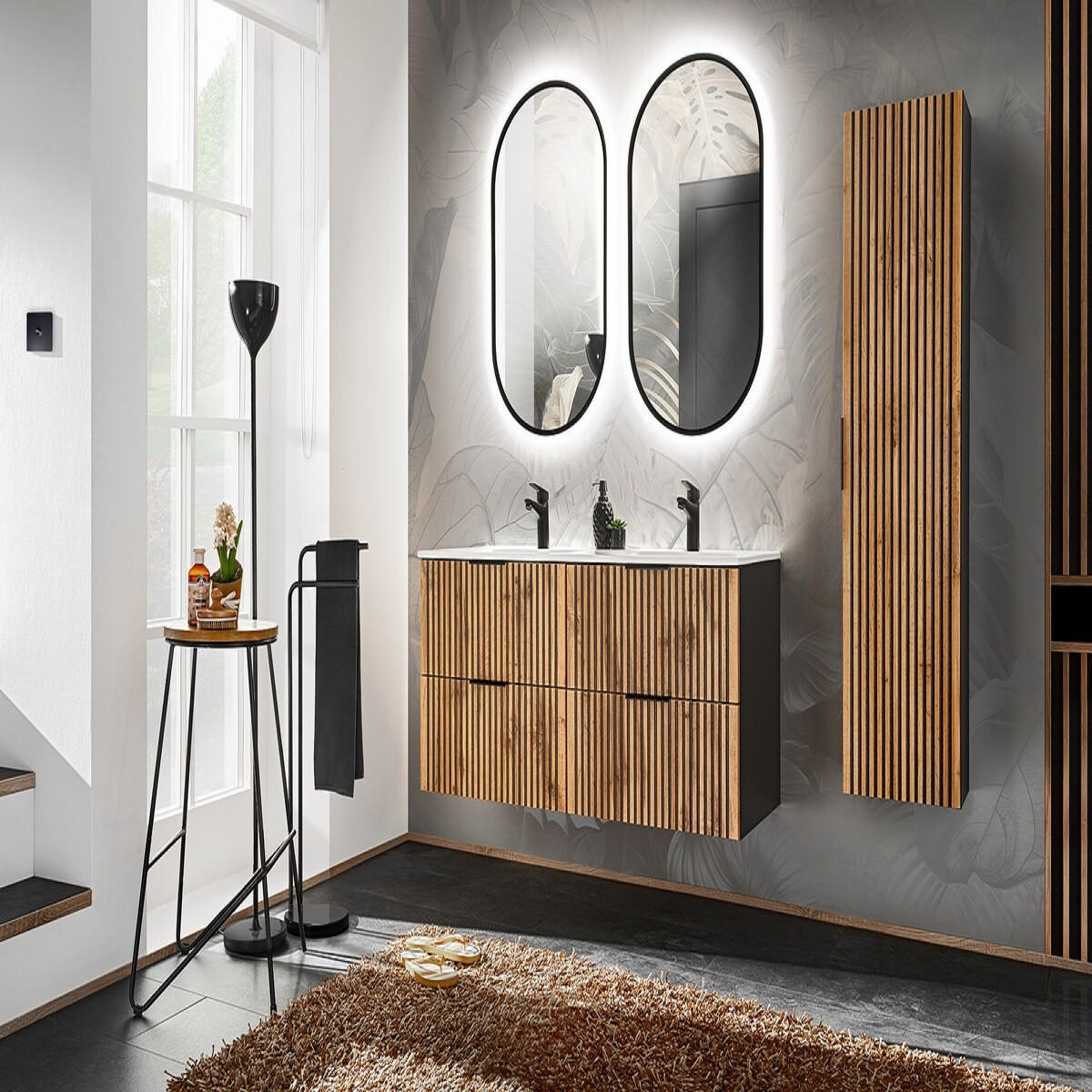 BADMÖBEL-SET 8 Teile - Xilo X BM02 in Wotan Oak / Gray Rock - Eiche Wotan/Schwarz, Holz/Metall (120/140/57cm)
