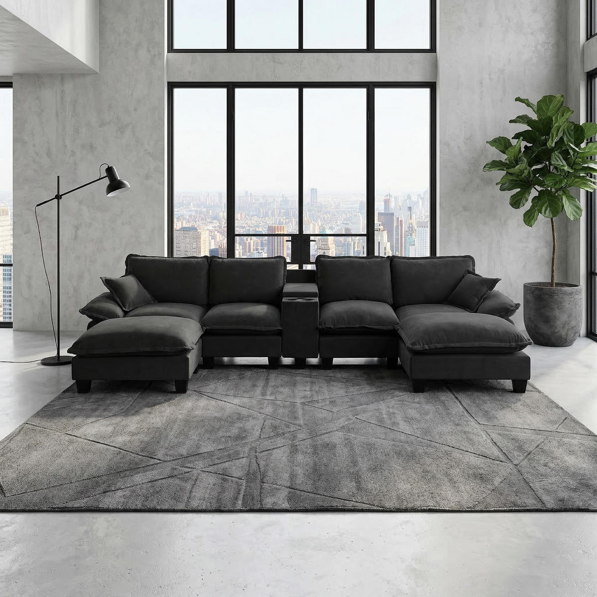 WOHNLANDSCHAFT Schwarz 362/151/90 cm 6-Sitzer mit Stauraum & USB - Schwarz, Textil (362/90/151cm) - PANGIVO