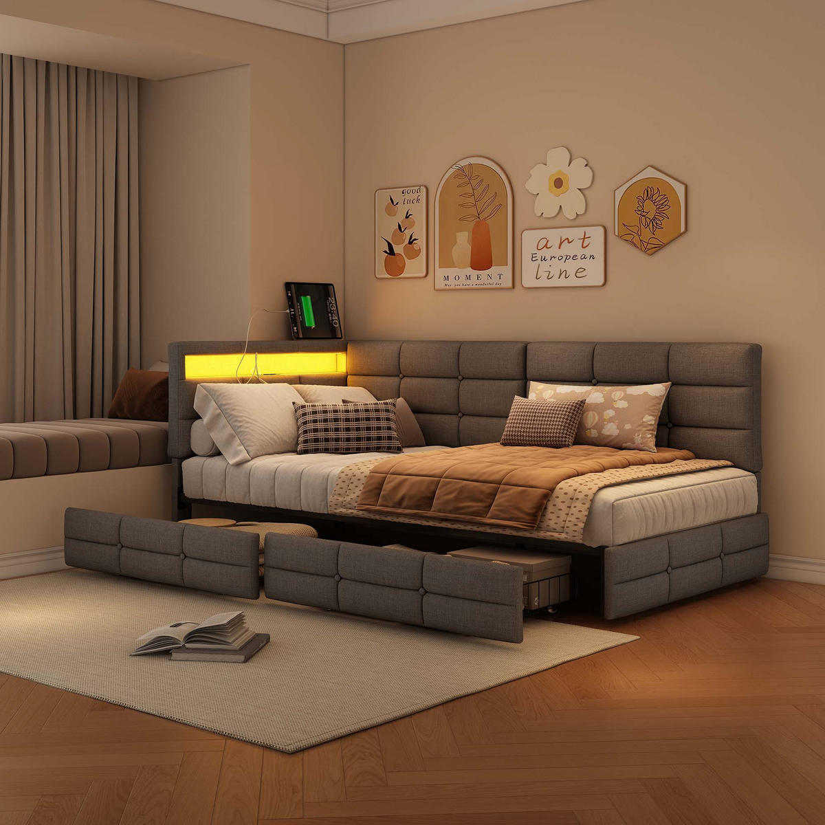 POLSTERBETT 90/200 cm grau mit Schublade, LED und USB - Grau, Holz