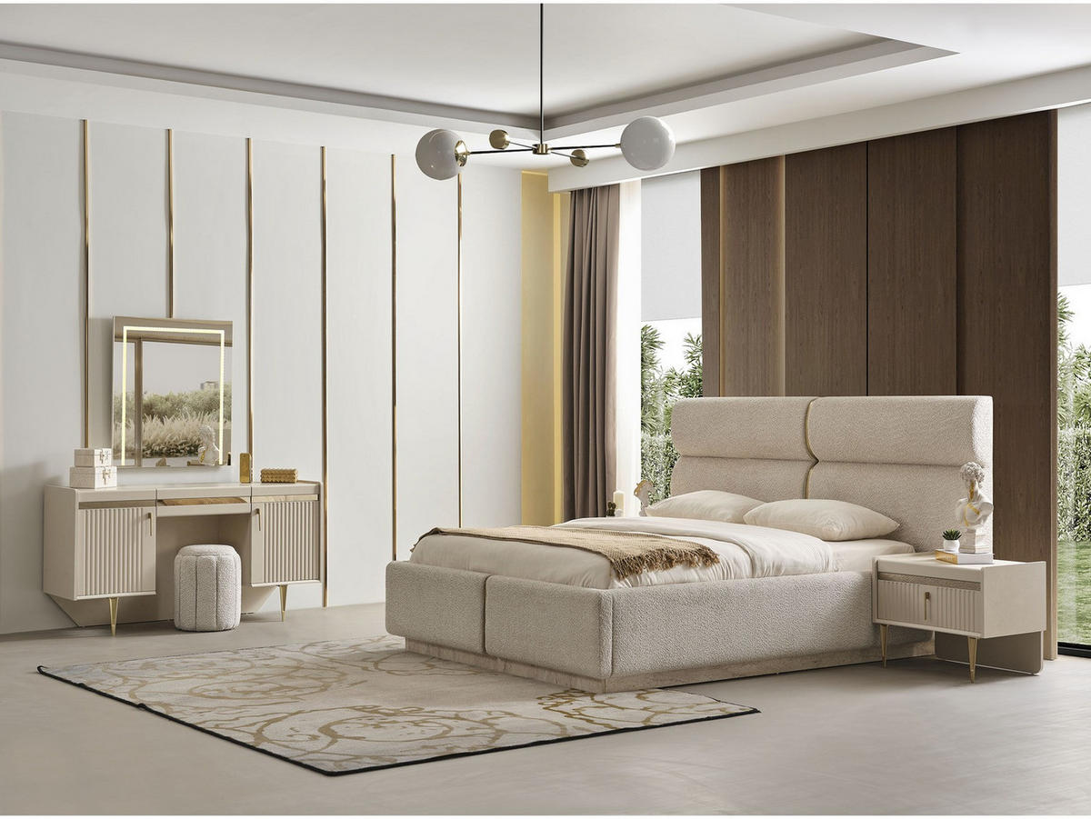 BETTANLAGE TESLA Schlafzimmer-Set, 5-teilig, Beige, Bett mit Kopfteil, 2 Nachttische, Kleiderschrank und Kommode - Beige, Holzwerkstoff (160/200cm)