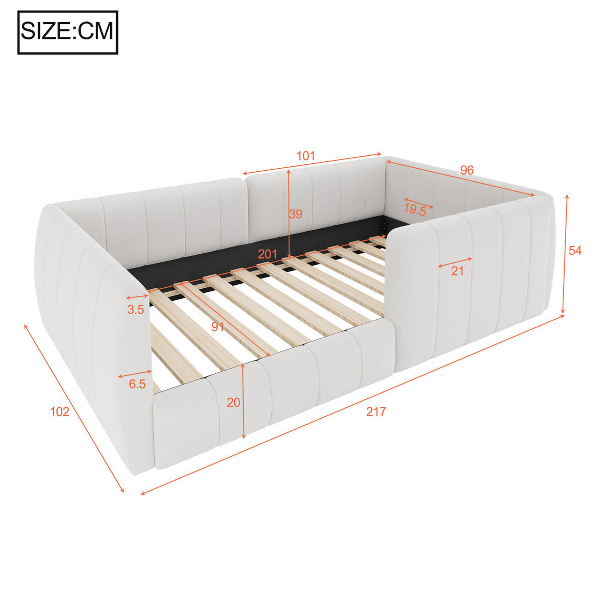 POLSTERBETT 90/200 cm aus MDF und Leinenstoff mit Sicherheitsgeländer und gepolstertem Kopfteil, Beige - Beige, Holzwerkstoff (90/200cm) - Redom