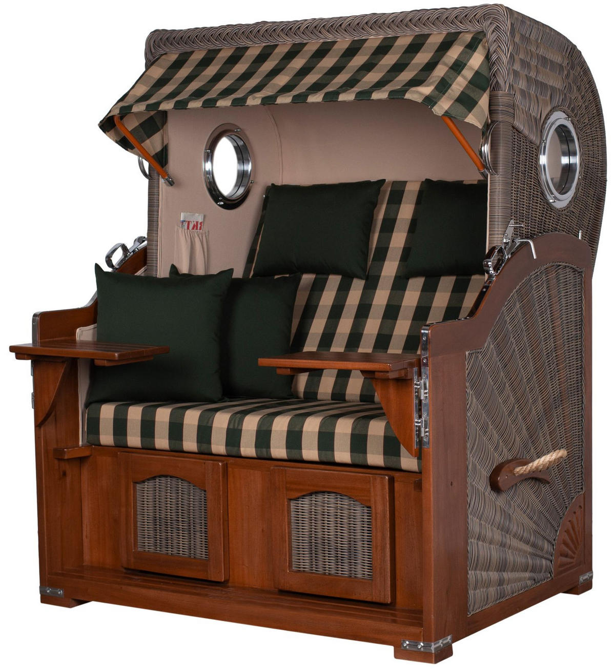 STRANDKORB Komplettset: Ammersee Mahagoni Bullauge - PE grau - Modell 506 - Beige/Grün, Holz/Kunststoff (125/165/80cm) - bene living