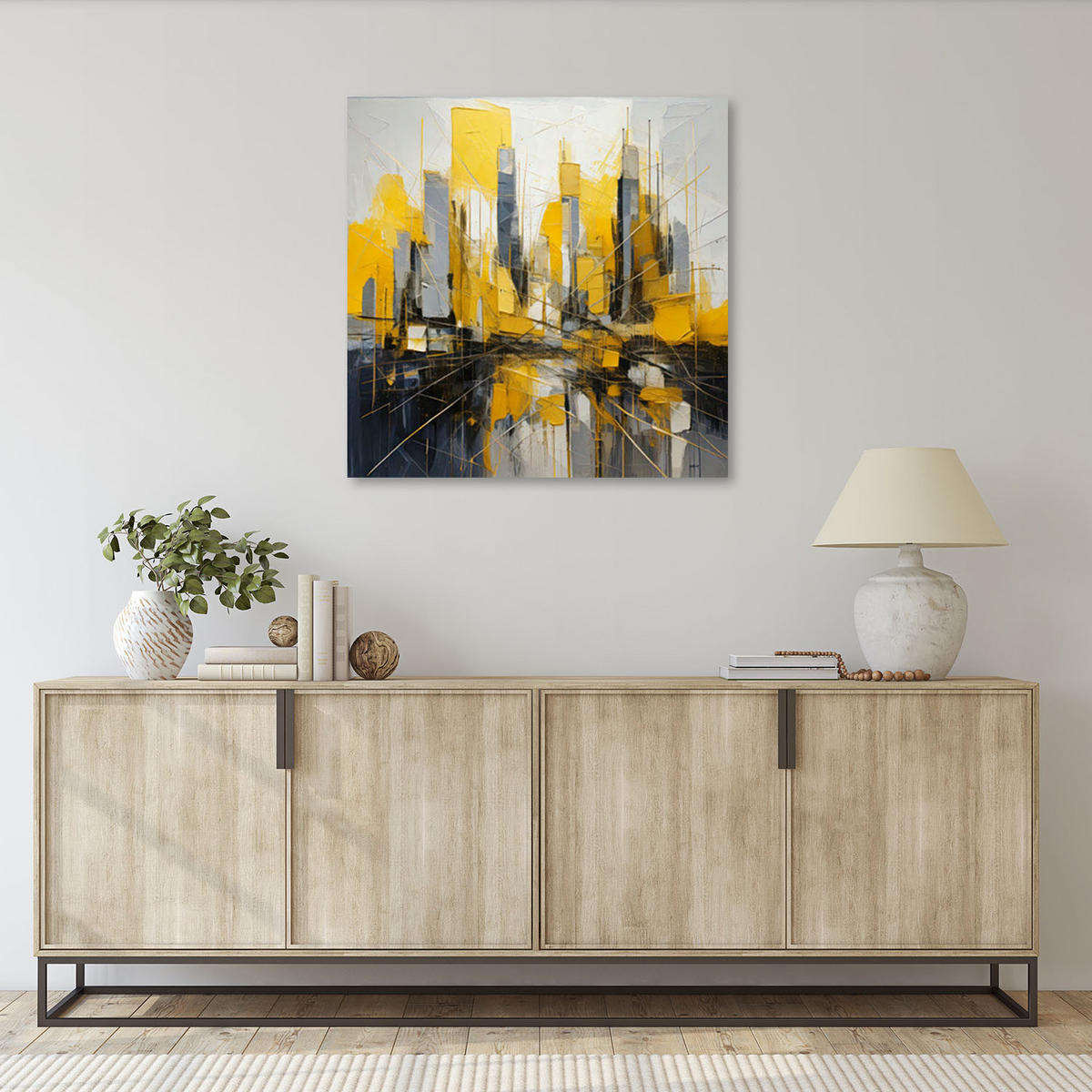 LEINWANDBILD Abstrakte Stadt Aquarell 60x60cm - Gelb, Textil (60/60cm) - Feeby