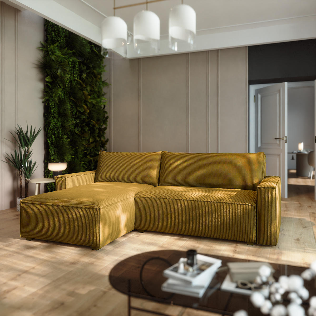 ECKSOFA BESMIR Gelb Kordstoff mit Schlaffunktion - Gelb, Holz (275/148cm) - MASSENO