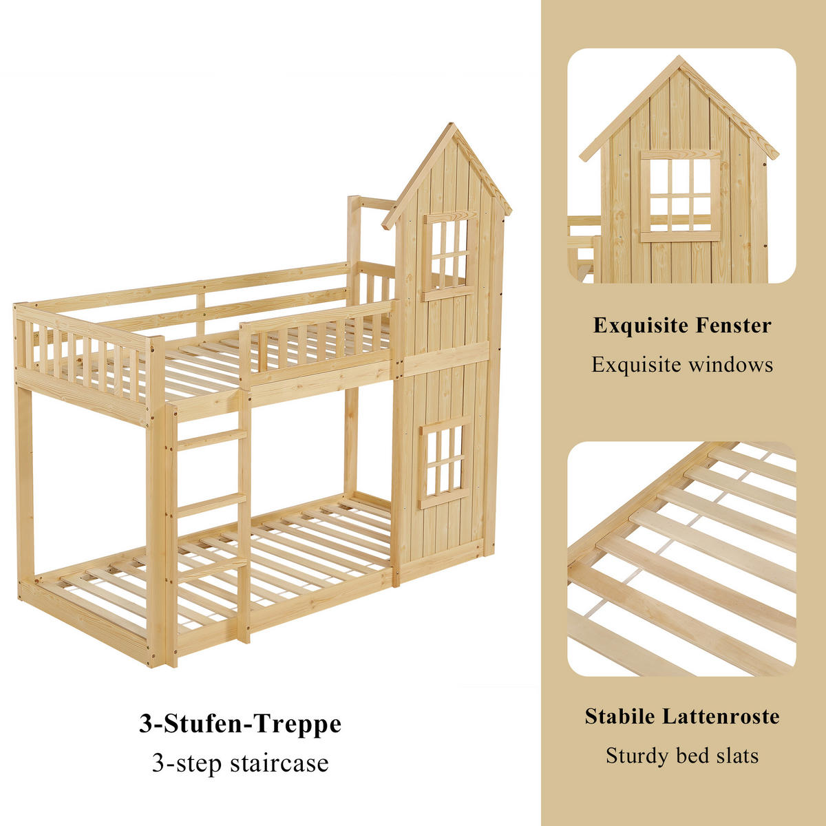ETAGENBETT 90/200 cm in Natur mit Hausform, Fenstern und Treppe - Naturfarben, Holz/Holzwerkstoff (90/200cm) - WISHDOR